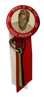 1947 Jackie Robinson Rookie of the Year Baseball Pinback Button with Ribbons and Charms